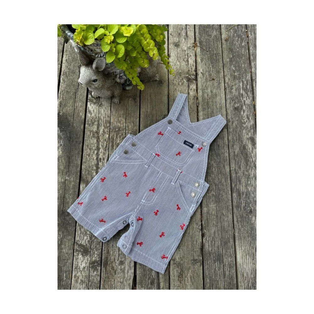 90s Izod Denim Shortalls Red Lobster Print Black White Stripes 100% Cotton 18M